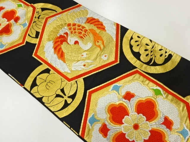JAPANESE KIMONO / VINTAGE FUKURO OBI / WOVEN FLOWER CREST & PHOENIX